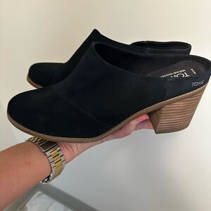 TOMS Black Heeled Mules with Brown Sole